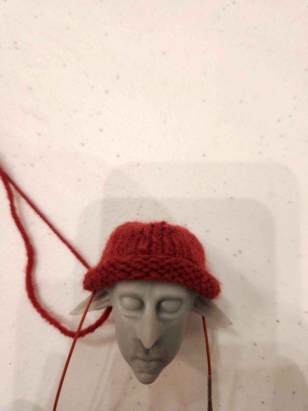 Sculpted goblin head with a hand knitted beanie.